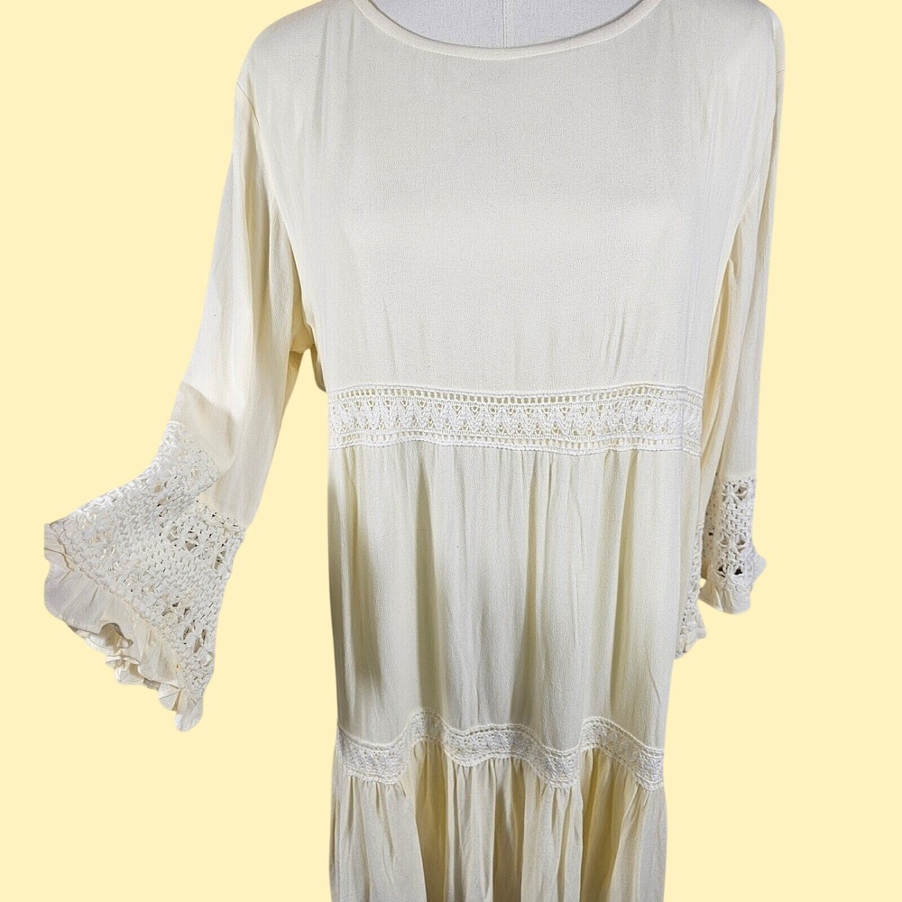 Anna-Kaci California Butter-Cream Crochet Lace Tiered‎ Boho Shift Dress Large